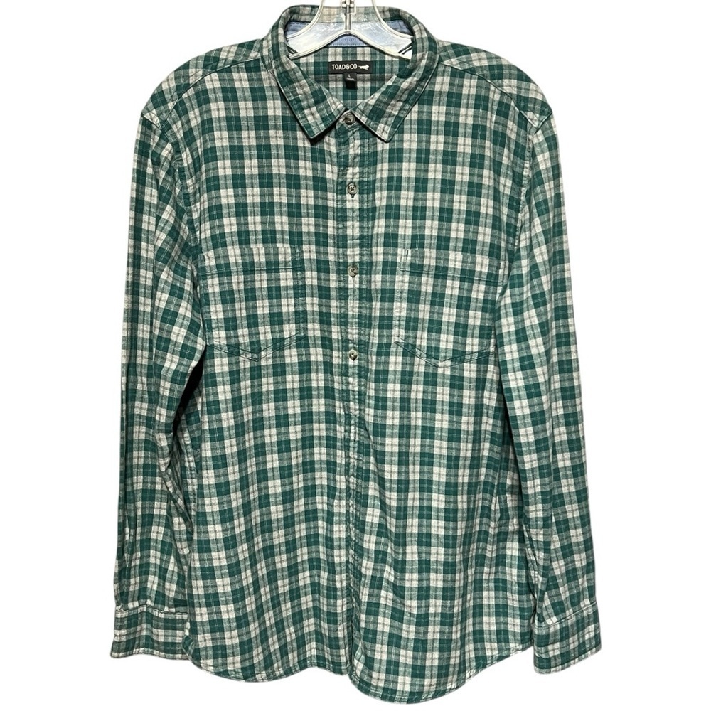 Toad & Co The Flannagan Button-Up Shirt Large Green Plaid Organic Cotton Flannel